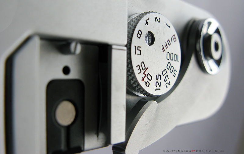 All metal construction on key camera control features,  Leica MP chrome 0.58x finder model, 2003.