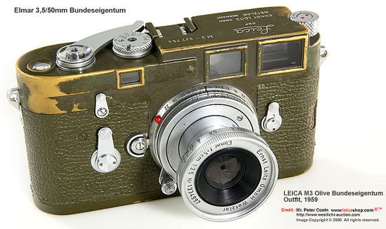 Leica M3 Olive Green Bundeseigentum camera with ELmar 5cm f/3.5  Bundeseigentum engraving