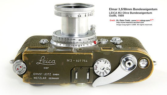 Top view of a LEica M3 Olive green color Bundeseigentum camera with matching ELmar 1:3.5 f=5cm