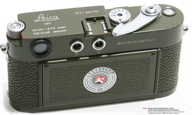 Rear section view of an Olive green color Leica M3 Bundeseigentum camera. 