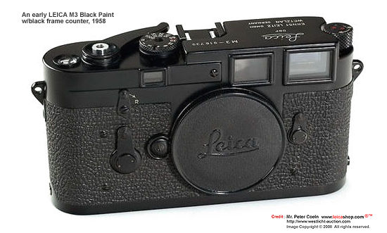 Front section camera view of an early LEICA M3 Black paint with an unusual black frame counter, 1958