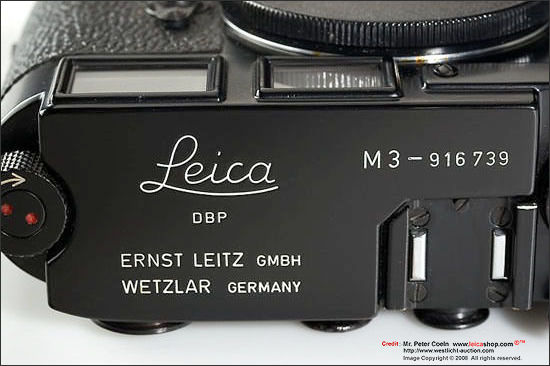 Top plate of an early LEICA M3 Black paint with an unusual black frame counter, 1958
