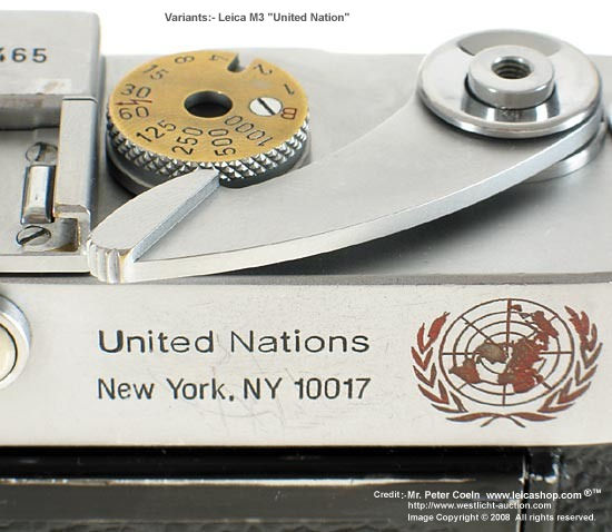 Close-up view of detail in the A special request production Leica M3  United Nation  Model, 1957
