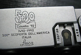 The emblem of Christopher Columbus 500th anniversary engraving on the Leica M6 Colombo Edition, 1992