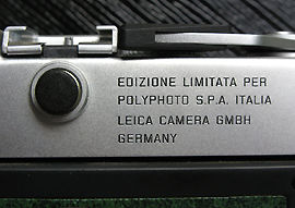 The rear section, top panel  showing engraved Italian Polyphoto on the Leica M6, 1992