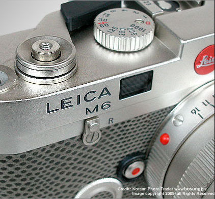 Closer section view of Leica M6 Platinum to shows the brilliance of Platinum metal plating