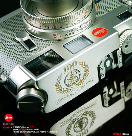 Picture showcase of LEICA M6 Platinum Schmidt Group 1896~1996 100 Years / Centenary Edition front view with ELMAR-M 50mm f/2.8