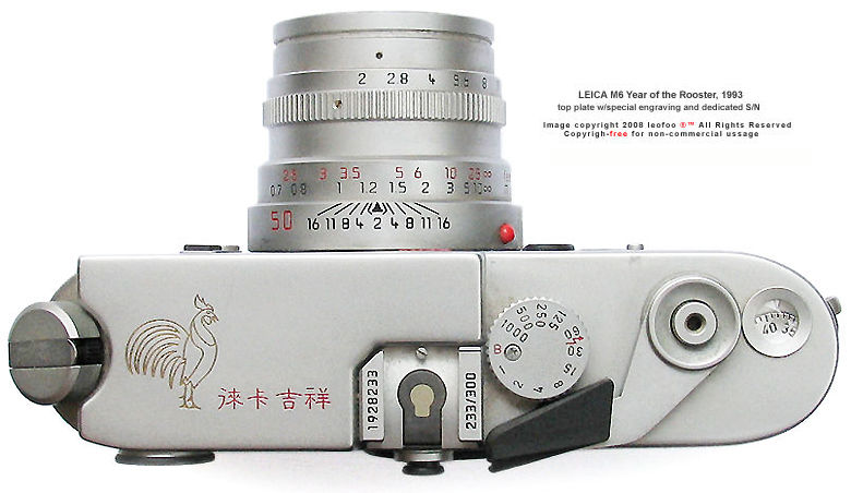 Top plate, a silver chrome special edition of LEICA M6 Year of the Rooster rangefinder camera model, 1993 w/ special Rooster and Chinese cligraphy engraving
