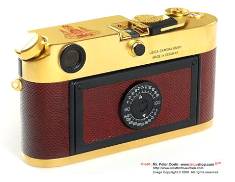 Back view of a lizard skinned leatherette Leica M6 Gold plated Camera