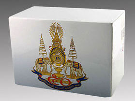 The white corrugated box with colourful printing of official emblem for Leica M6 His Majesty King Bhumibol Adulyadej of Thailand 50th Anniversary of His Coronation GOLD Edition 