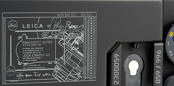 Top plate engraving of LEICA AG stock certificate on LEICA M6 