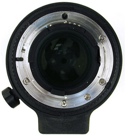 Rear lens element with tripod collar view of AF Zoom Nikkor 80-200mm f/2.8D ED tele-zoom lens