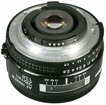 Early version of AF-Nikkor 28mm f/2.8 Ai-S wideangle lens rear view