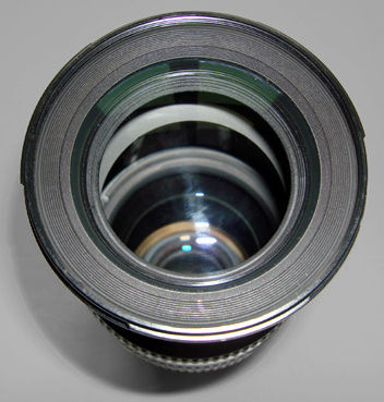 The front lens element and 72mm diamter filter thread of the Nikon AF Zoom Nikkor 28-200mm f/3.5~5.6D IF wideangle / telephoto zoom lens
