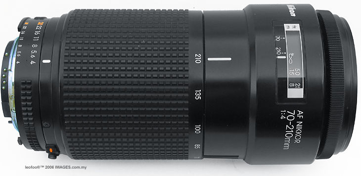 AF zoom Nikkor 70-210mm f/4S side view illustration of its major features