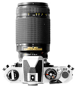 Top view, of  Nikon AF Zoom Nikkor 70-300mm f/4~5.6D ED with Nikon FM2N