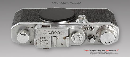 Top section view revealing various controls and features of a Canon (Seiki Kogaku KK) J (junior) camera model, 1940