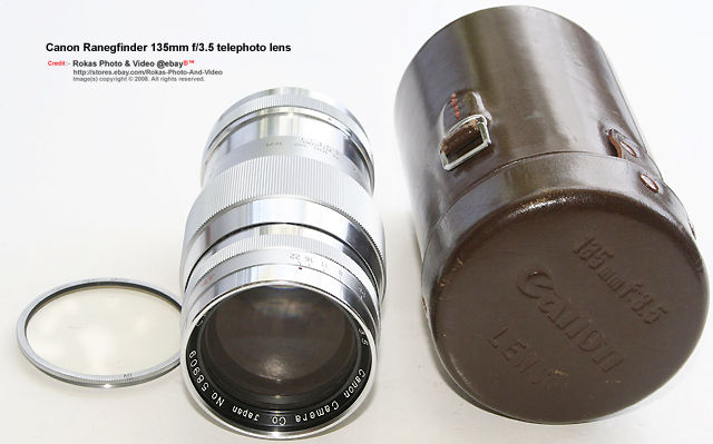 An interesting Canon RF 135mm f/3.5. Not mentioned in the Canon Museum but could be a product during interim name change from Senenar to Canon. Lens case in leatehr and an original Canon UV optical filter