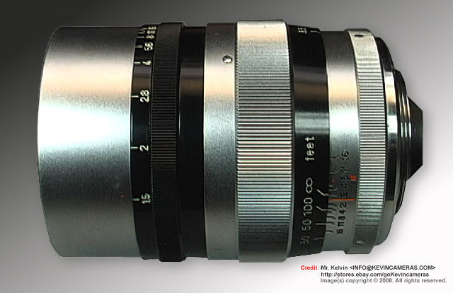 Side view of various features and data on a RF Canon 85mm f/1.5 fast speed telephoto lenses for rangefinder Canon cameras 
