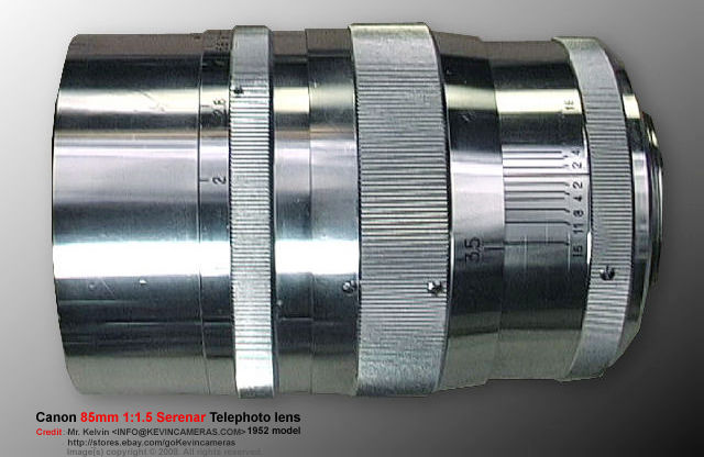 Lens barrel in all chrome of an original 1952 model of RF Canon Serenar 85mm f/1.5 fast speed telephoto lenses for rangefinder Canon cameras 