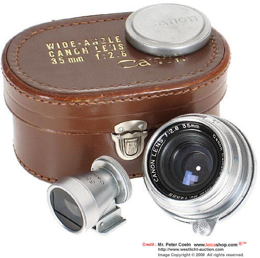 Canon 35mm f/2.8 coupled in 39mm LSM with dedicated optical finder and original leather case