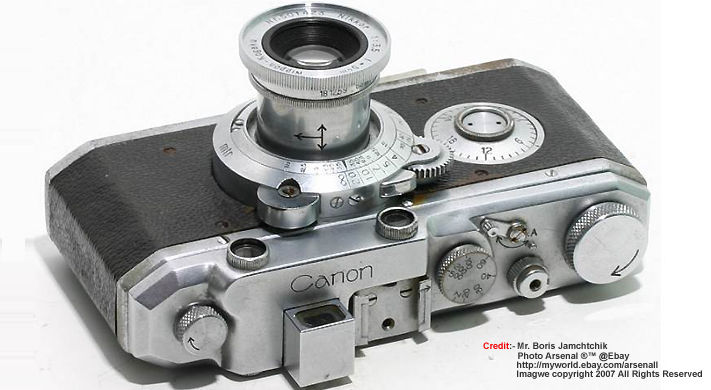 Canon Seiki Kogaku HANSA rangefinder camera model with no engraving from view with Nippon Kogaku Nikkor 1:3.5 f= 5cm collapsible lens