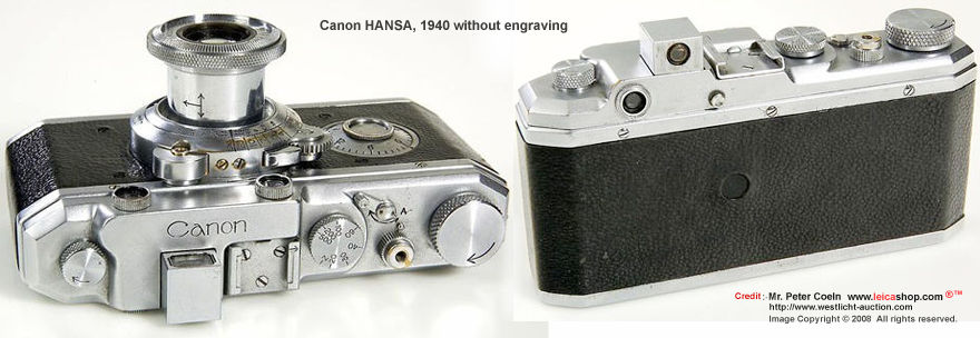 top view and back view of a Canon HANSA rangefinder camera, 1940 Nippon Kagaku Nikkor 1:3.5 f=5.cm