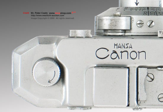 Close up view of an HANSA CANON RF rangefinder camera, 1935/6