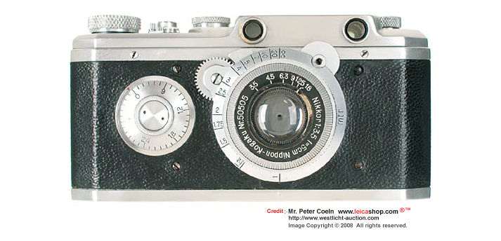 Canon HANSA, 1937 front view with Nippon Kogaku made NIKKOR 1:35 f=5cm standard lens