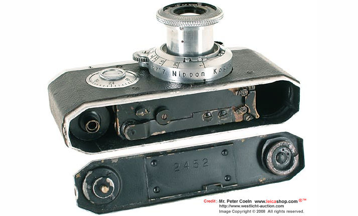 Base plate removal view of Canon HANSA, 1937 front view with Nippon Kogaku made NIKKOR 1:35 f=5cm standard lens