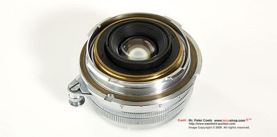 Rear metal lens mount view of a Canon Lens 28mm f/2.8; RF coupled for M39 M-adapter ring 