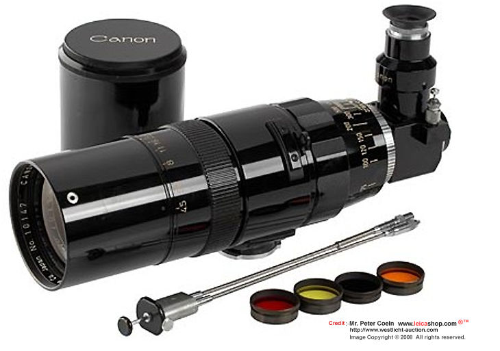Canon Rangefinder version S-mount Canon 400mm f/4.5 w/Reflex housing Unit telephoto lens with full system accessories cables releases, colored filters and lens hood