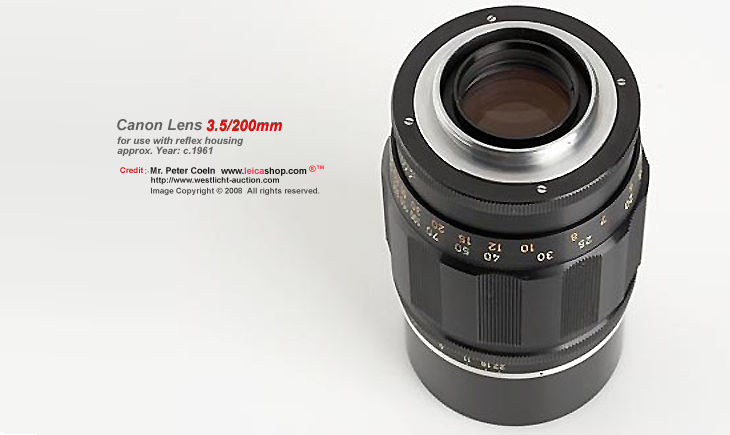 Canon Lens M200mm f/3.5 A black paint version and a rather rare lens for use with Canon Reflex housing Unit. Approx. Year: c.1961 