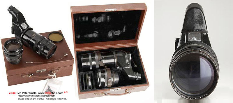 Carl Zeiss Jena Olympia Sonnar outfit; very rare outfit for Contax Jena: Sonnar 4/30cm T no.3116179 black, Sonnar 2.8/18cm T black, Flektoskop (first post-war version), filter, in matching fitted leather case; approx Year: 1947 