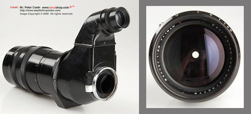 Carl Zeiss Jena Olympia Sonnar outfit; very rare outfit for Contax Jena: Sonnar 4/30cm T no.3116179 black, Sonnar 2.8/18cm T black, Flektoskop (first post-war version), filter, in matching fitted leather case; approx Year: 1947 