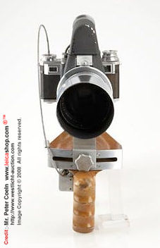 Front view of the setup of  Carl Zeiss Jena Olympia Sonnar 180mm f/2.8 with Rifle stock with Flektoskop W.91225, original Zeiss Ikon rifle stock 543/75 