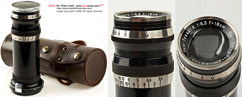 Carl Zeiss Jena Tele-Tessar K 6.3/18cm; for Contax, black/nickel, in fine condition, both caps, original case; approx. year: 1935 