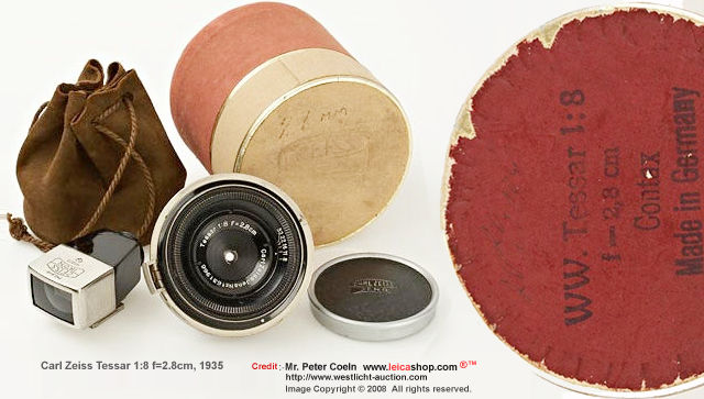 Carl Zeiss Jena Tessar 8/2.8cm  for Contax, rare black/Nickel version, good condition, both caps, leather case, original box, matching 2.8cm finder in black/nickel; approx.  Year: 1935 
