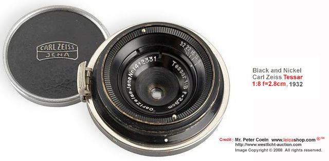 Carl Zeiss Jena Tessar 8/2.8cm  for Contax, rare black/Nickel version approx.  Year: 1932