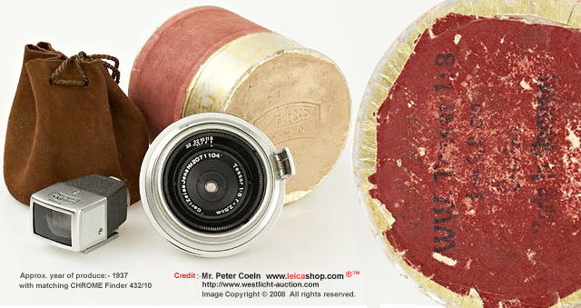 Carl Zeiss Jena Tessar 8/2.8cm for Contax, early chrome version,  matching 2.8cm finder 432/3 in chrome; approx.  Year: 1937
