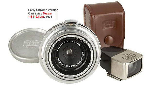 Carl Zeiss Jena Tessar 8/2.8cm  for Contax, early chrome version,  2.8cm finder 432/3 in black/nickel; approx.  Year: 1936 