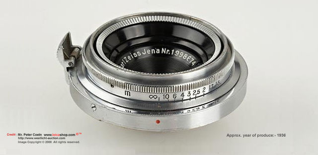 early chrome versiuon, 1932 Carl Zeiss Jena Tessar 8/2.8cm for Contax 