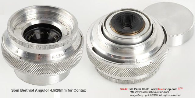 Som Berthiot Angulor 4.5/28mm for Contax, very rare lens with adapter for M39
 front and back view