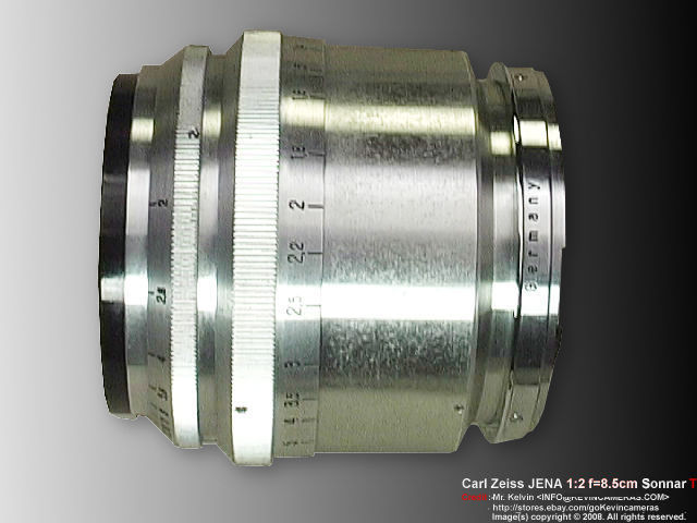 Lens barrel of a Contax Carl Zeiss JENA Sonnar 1:2 f=8.5cm  (85mm f/2.0) Chrome Telephoto lens  front view