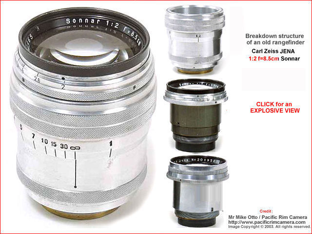 Explosive view on breakdown lens structure of a  Carl Zeiss JENA Sonnar 1:2 f=8.5cm  (85mm f/2.0) Chrome Telephoto lens  front view