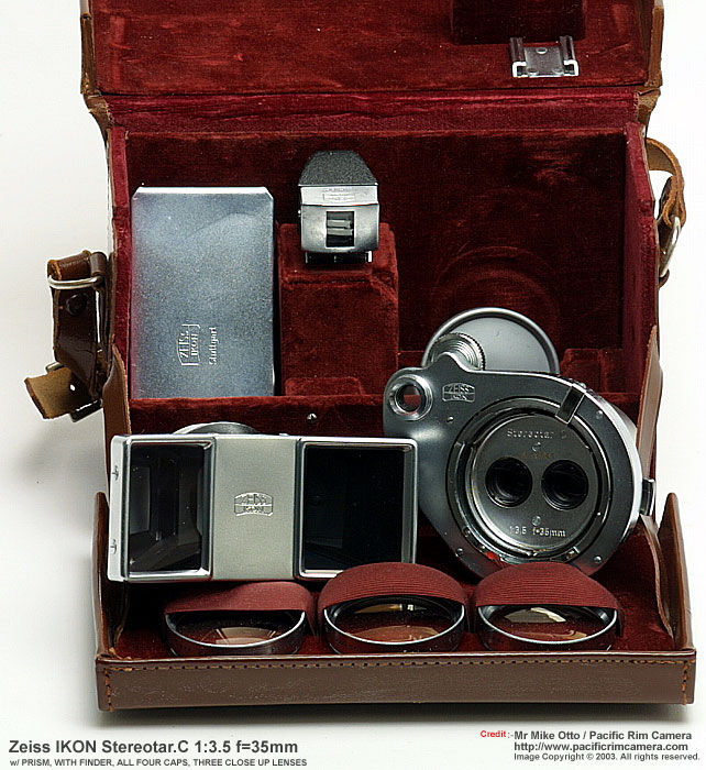 Superb view of a Zeiss Ikon STEREOTAR.C 1:3.5 f=35mm  (35mm f/3.5) wideangle lens with complete accessories PHOTO from Pacificrimcamera.com