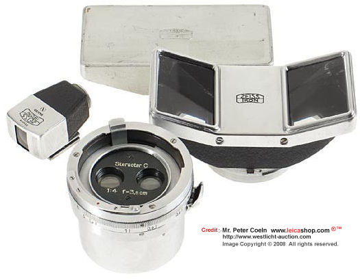 Zeiss Ikon Stereotar C 4/3.5cm outfit for Contax with  Stereotar C 4/3.5cm no. W.26329 with cap, prism 543/70 with cap, stereo finder 543/30, in original leather case 543/071; approx. 
year: 1940 