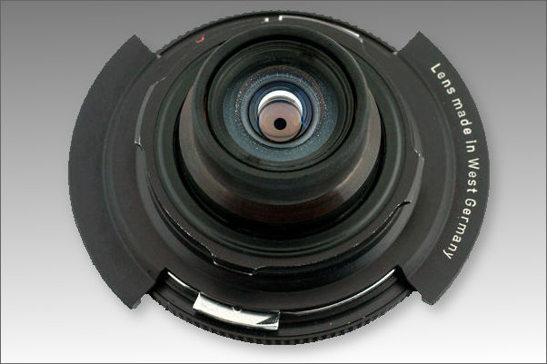 Rear lens mount view of a typical Carl Zeiss Hologon 15mm 1:8 for Leica -M cameras