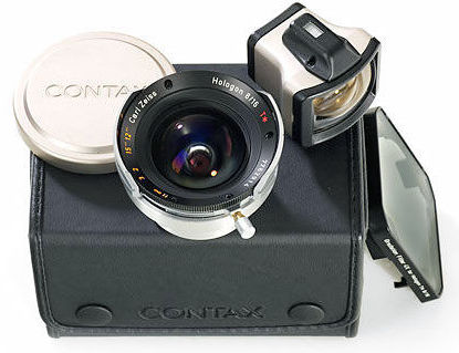 The G-spec HOLOGON 16mm f/8.0 with lens cap, Bubble level Optical Viewfinder, rectangular-shape graduated center filter and leatehr case by CONTAX