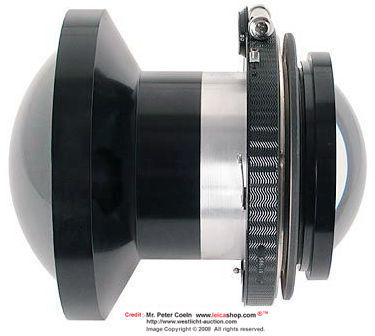 Side section view to show the front and rear section lens elements which protruding outwards in a Carl Zeiss designed, prototype 110 1:8 HOLOGON lens for Linhof large format camera with Compur shutter